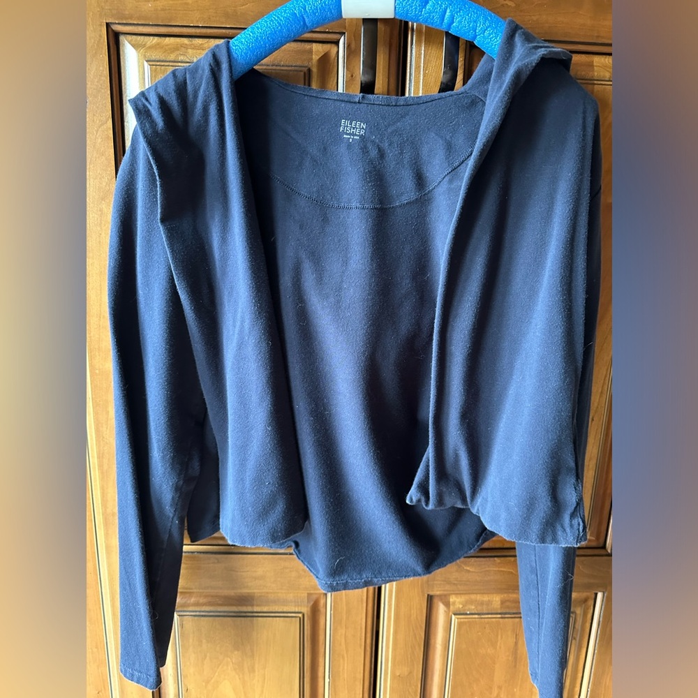 Eileen Fisher navy cropped hoodie lounge wear cardigan with hood